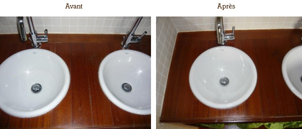 Avant et après l'application d'une huile naturelle sur le bois autour d'un lavabo