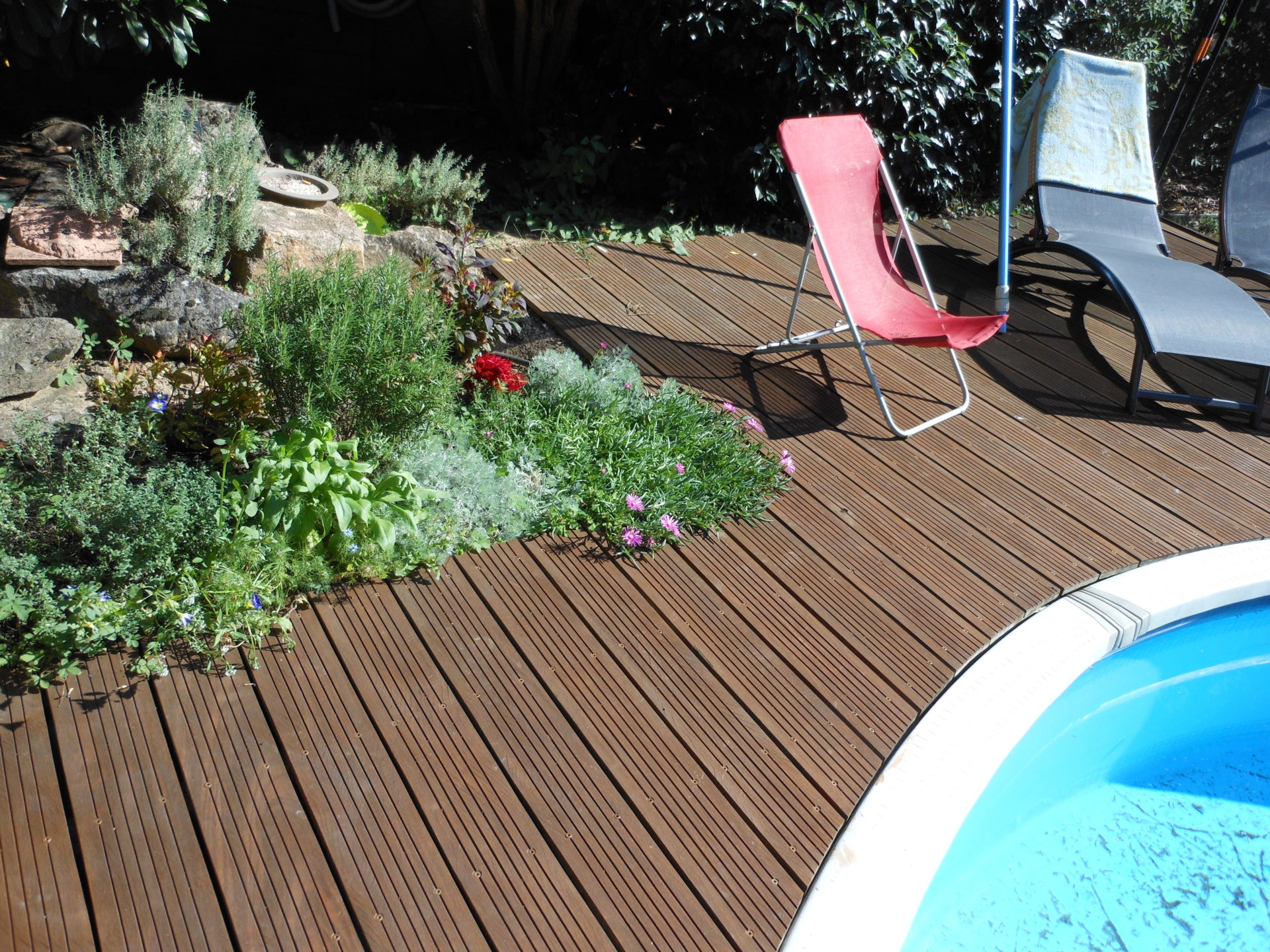 terrasse en bois exotique autour d'une piscine