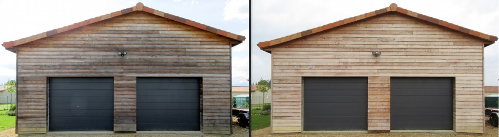 Une façade en bois avant et après l'application d'un dégriseur