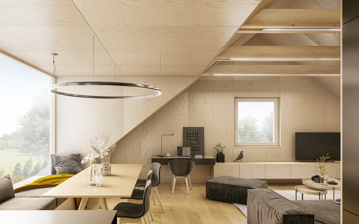 Intérieur avec bois contreplaqué