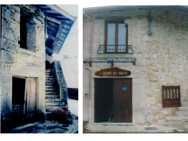 Façade vieille maison avec panneau en bois de noyer